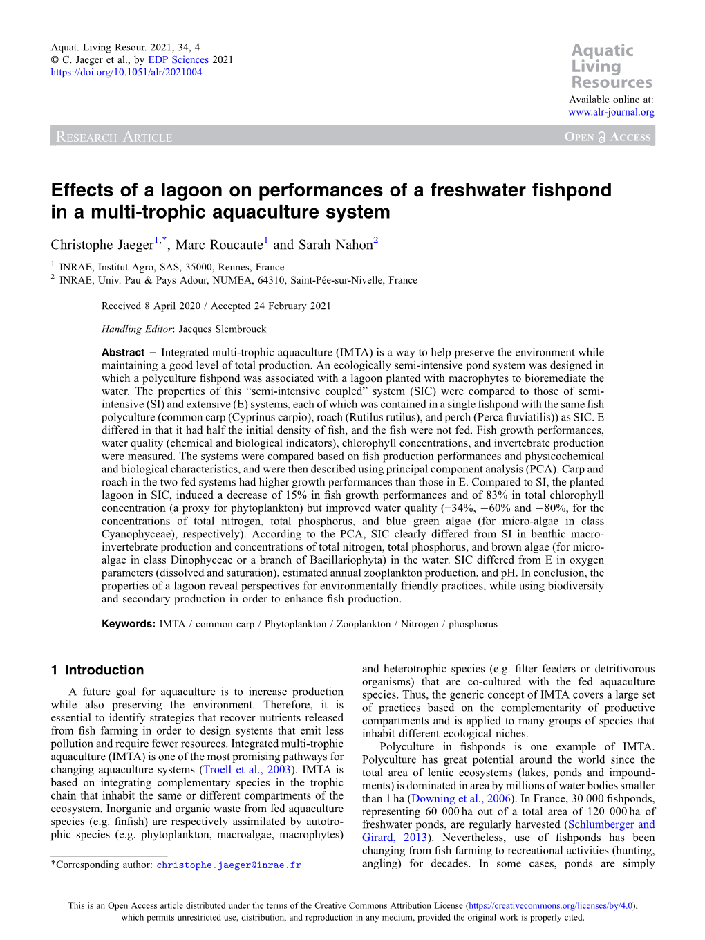 Effects of a Lagoon on Performances of a Freshwater Fishpond in a Multi