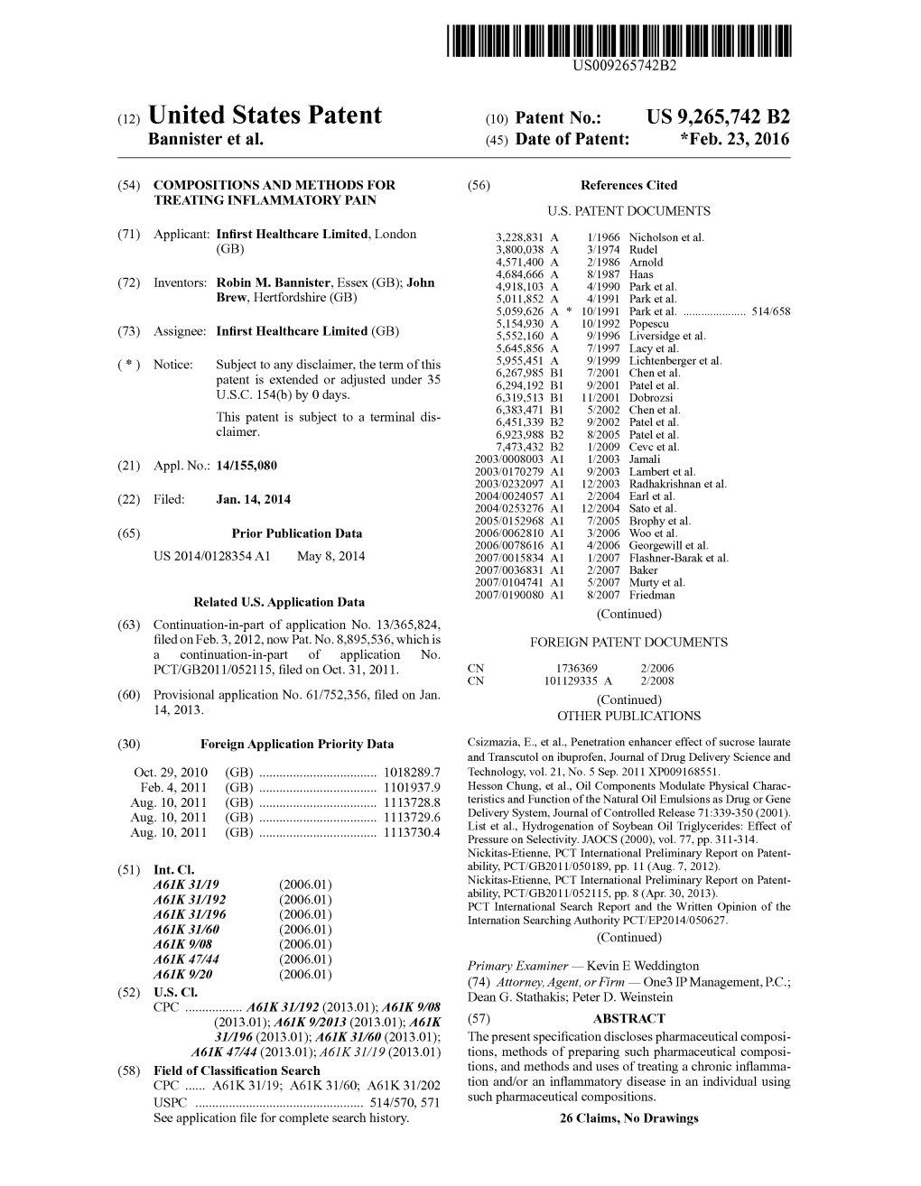 (12) United States Patent (10) Patent No.: US 9,265,742 B2 Bannister Et Al