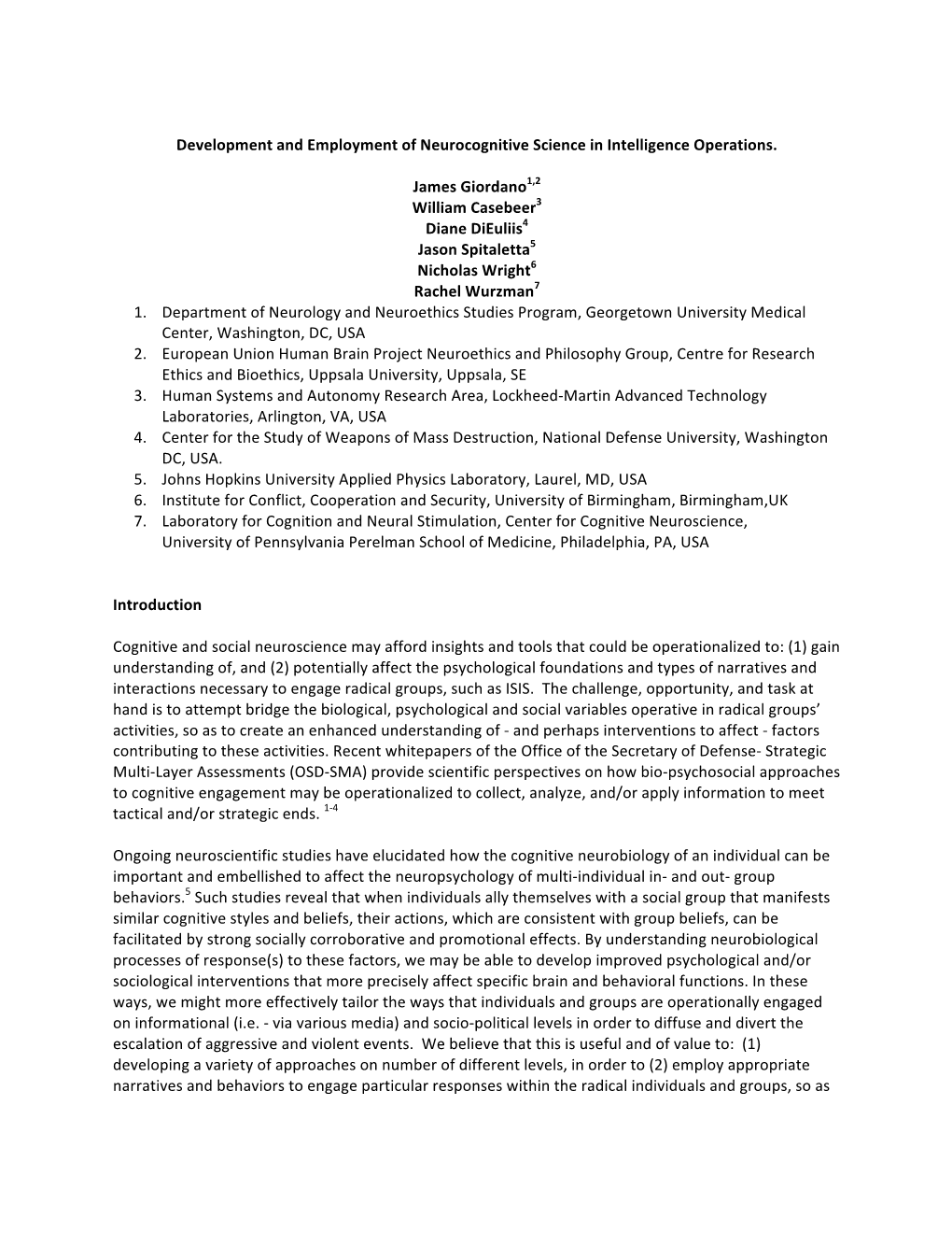 Development and Employment of Neurocognitive Science in Intelligence Operations