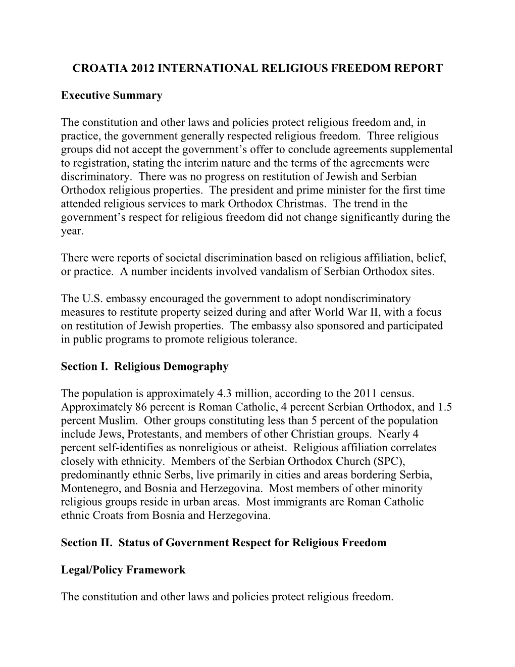 Croatia 2012 International Religious Freedom Report