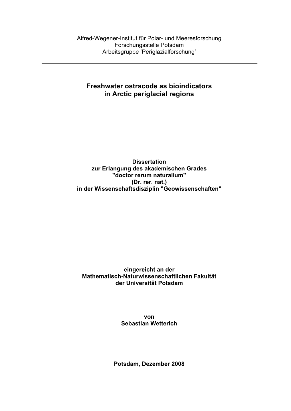 Freshwater Ostracods As Bioindicators in Arctic Periglacial Regions