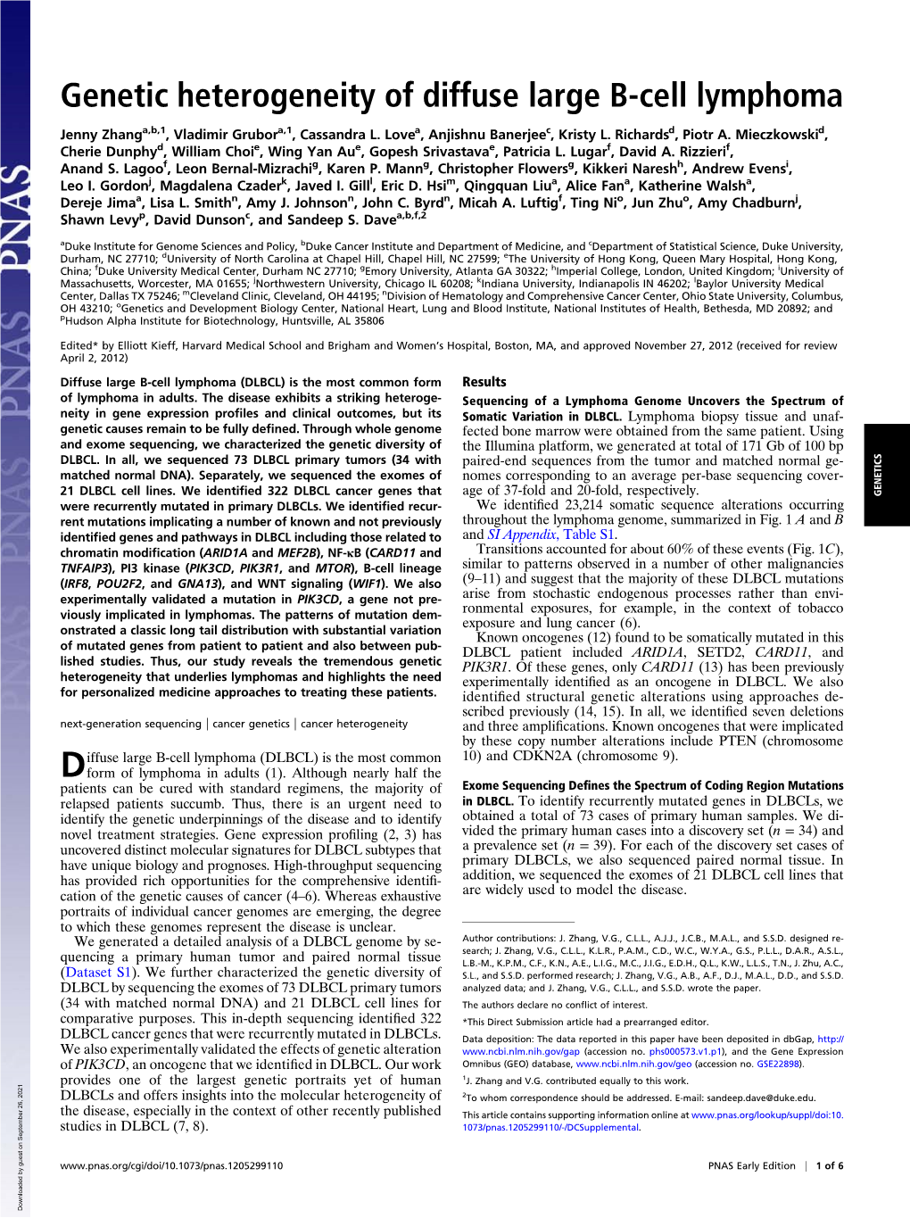 Genetic Heterogeneity of Diffuse Large B-Cell Lymphoma