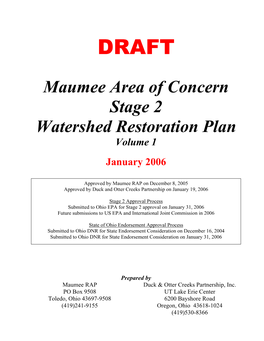 Maumee Area of Concern Stage 2 Watershed Restoration Plan Volume 1