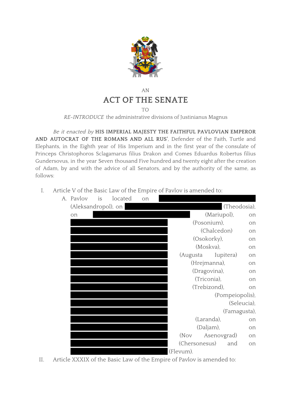 ACT of the SENATE to RE-INTRODUCE T​He Administrative Divisions of Justinianus Magnus