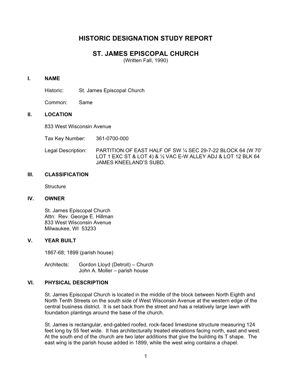 Historic Designation Study Report St. James Episcopal Church