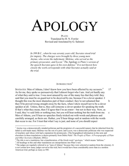 APOLOGY PLATO Translated by H