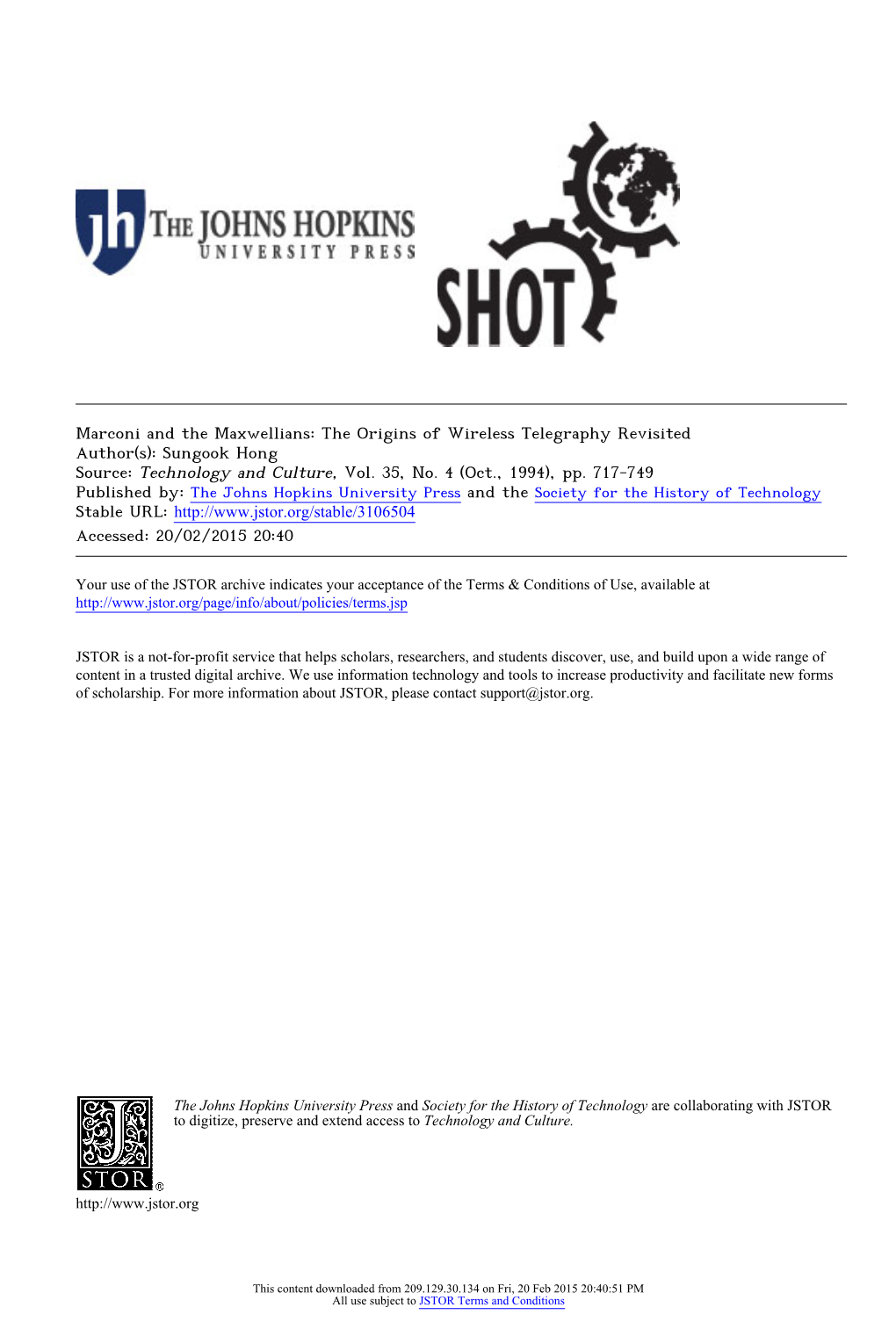 Marconi and the Maxwellians: the Origins of Wireless Telegraphy Revisited Author(S): Sungook Hong Source: Technology and Culture, Vol