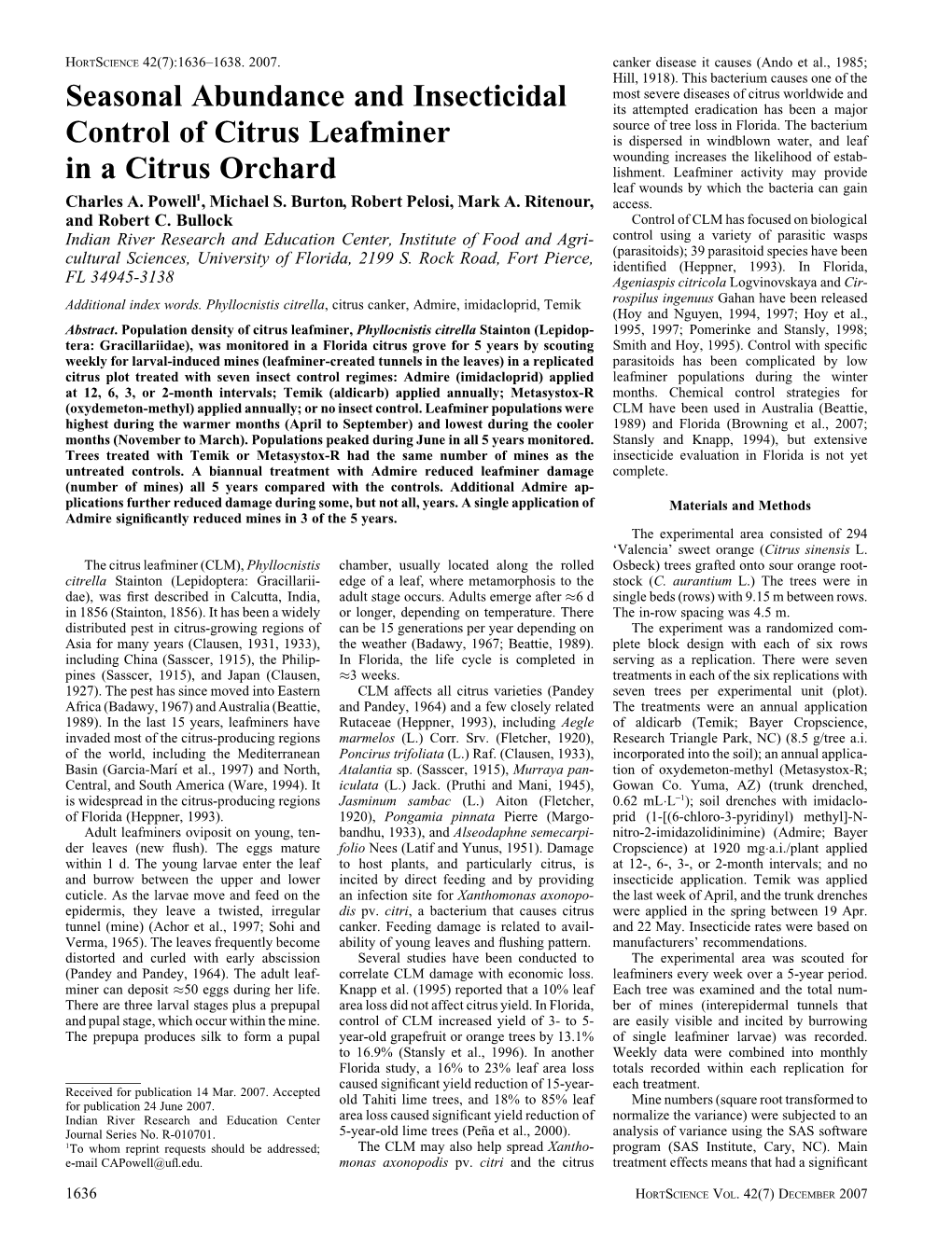 Seasonal Abundance and Insecticidal Control of Citrus Leafminer in A