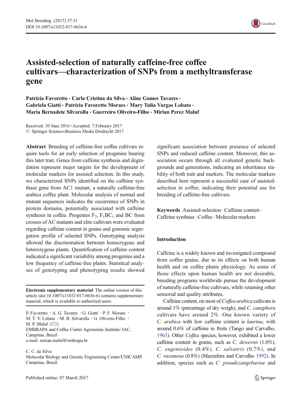 Assisted-Selection of Naturally Caffeine-Free Coffee Cultivars—Characterization of Snps from a Methyltransferase Gene