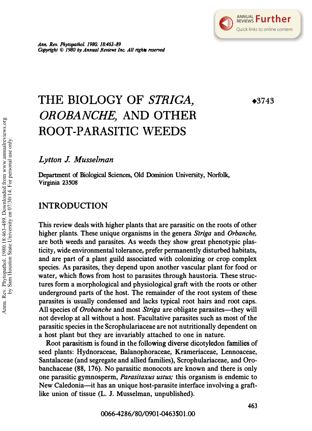 The Biology of Striga, Orobanche, and Other Root-Parasitic Weeds