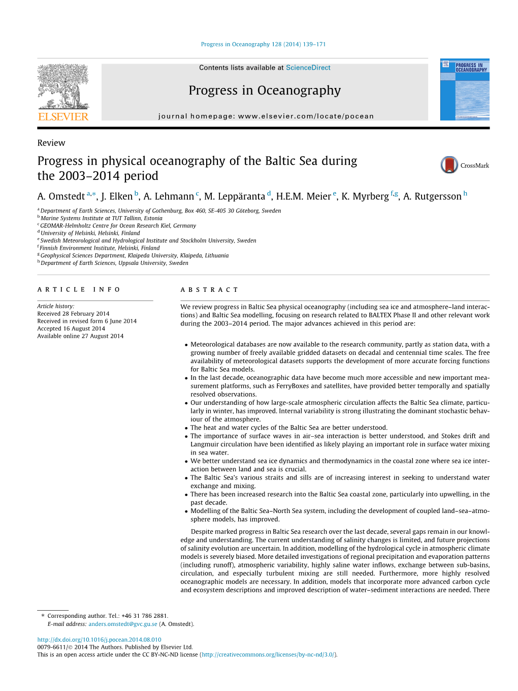 Progress in Physical Oceanography of the Baltic Sea During the 2003–2014 Period ⇑ A