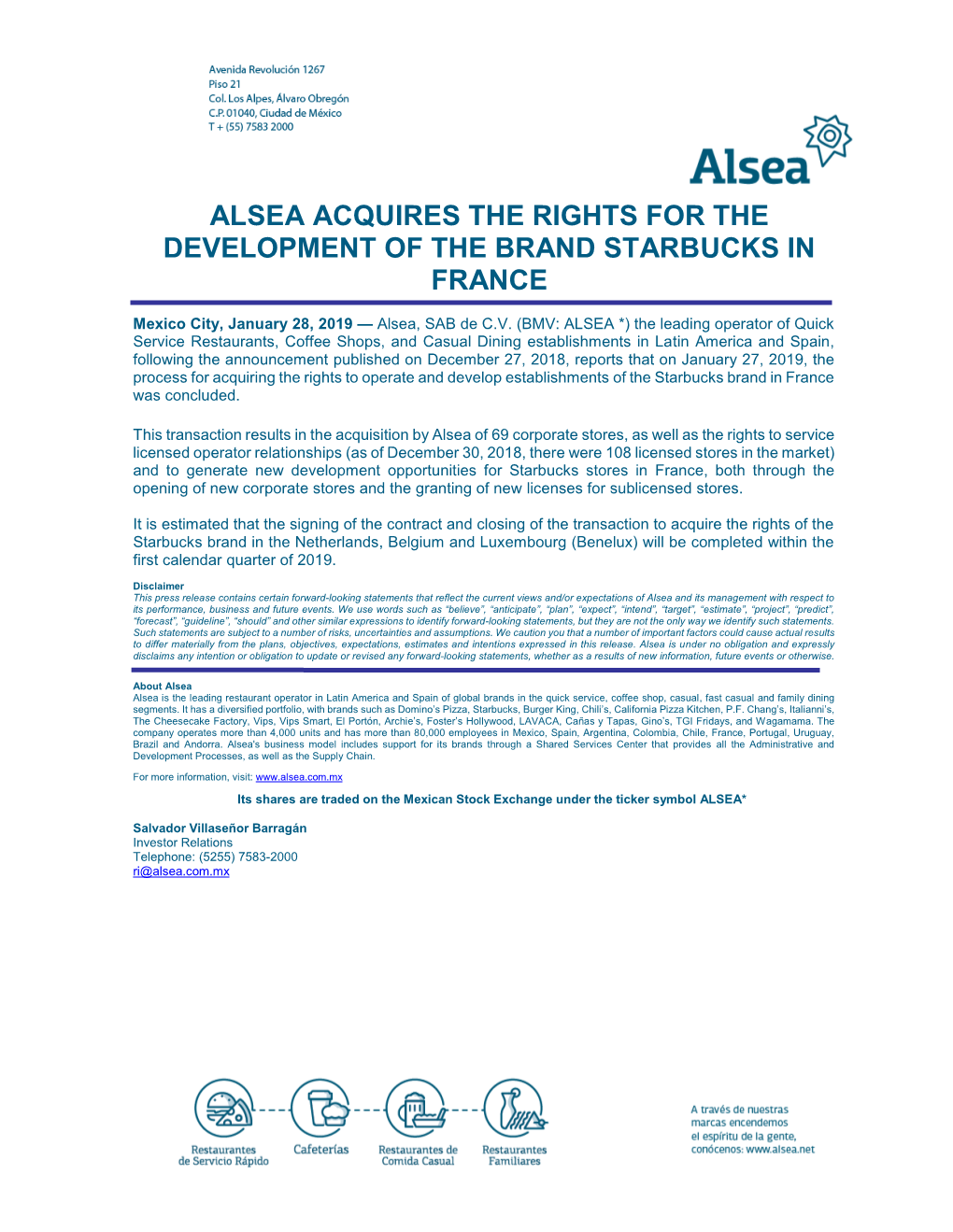 Alsea Acquires the Rights for the Development of the Brand Starbucks in France