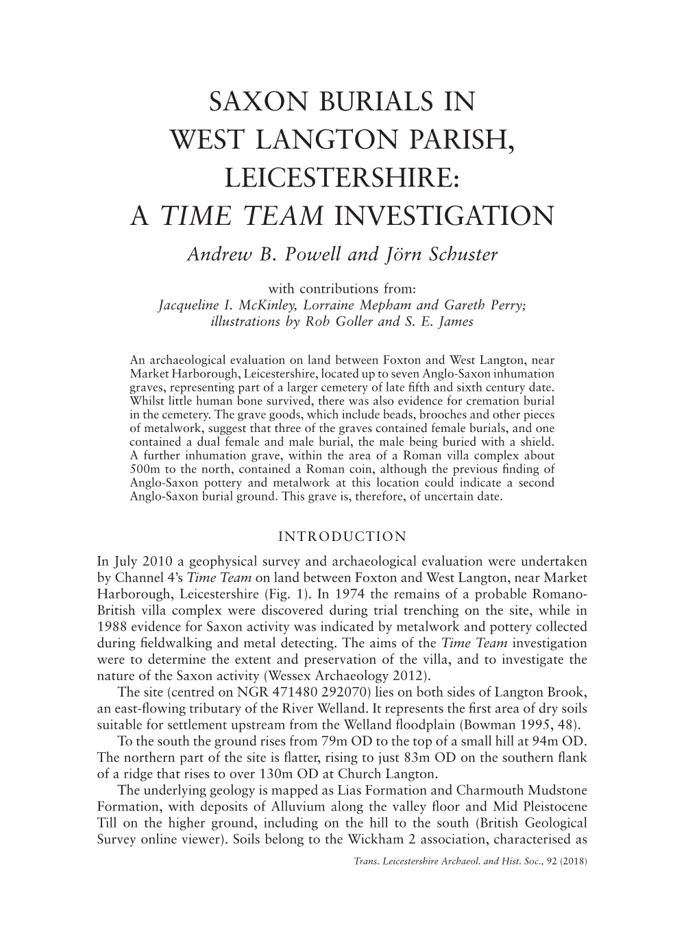 SAXON BURIALS in WEST LANGTON PARISH, LEICESTERSHIRE: a TIME TEAM INVESTIGATION Andrew B