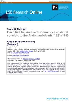 Voluntary Transfer of Convicts to the Andaman Islands, 1921–1940