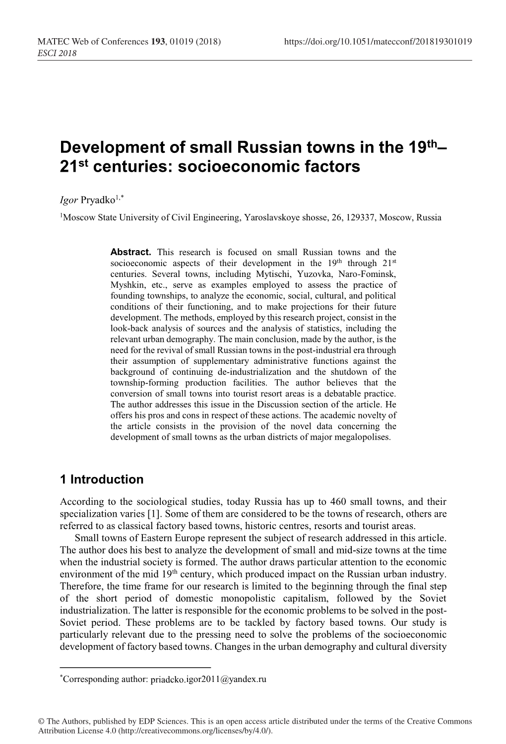 Development of Small Russian Towns in the 19Th– 21St Centuries: Socioeconomic Factors