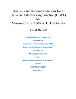 (UIWF) for Mission Critical LMR & LTE Networks Final Repo