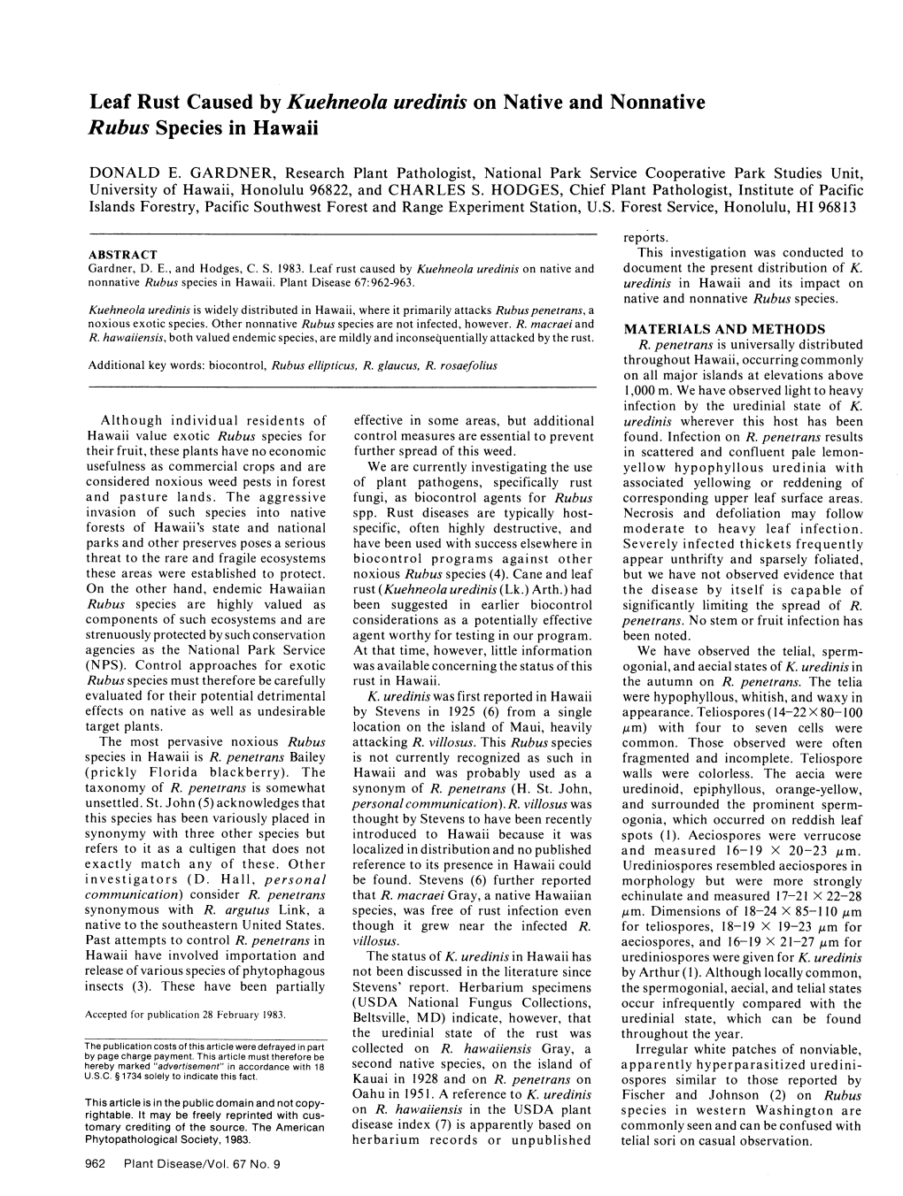 Leaf Rust Caused by Kuehneola Uredinis on Native and Nonnative Rubus Species in Hawaii