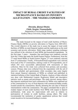 Impact of Rural Credit Facilities of Micro-Finance Banks on Poverty Alleviation – the Nigeria Experience