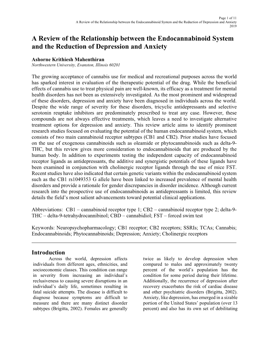 A Review of the Relationship Between the Endocannabinoid System and the Reduction of Depression and Anxiety 2019