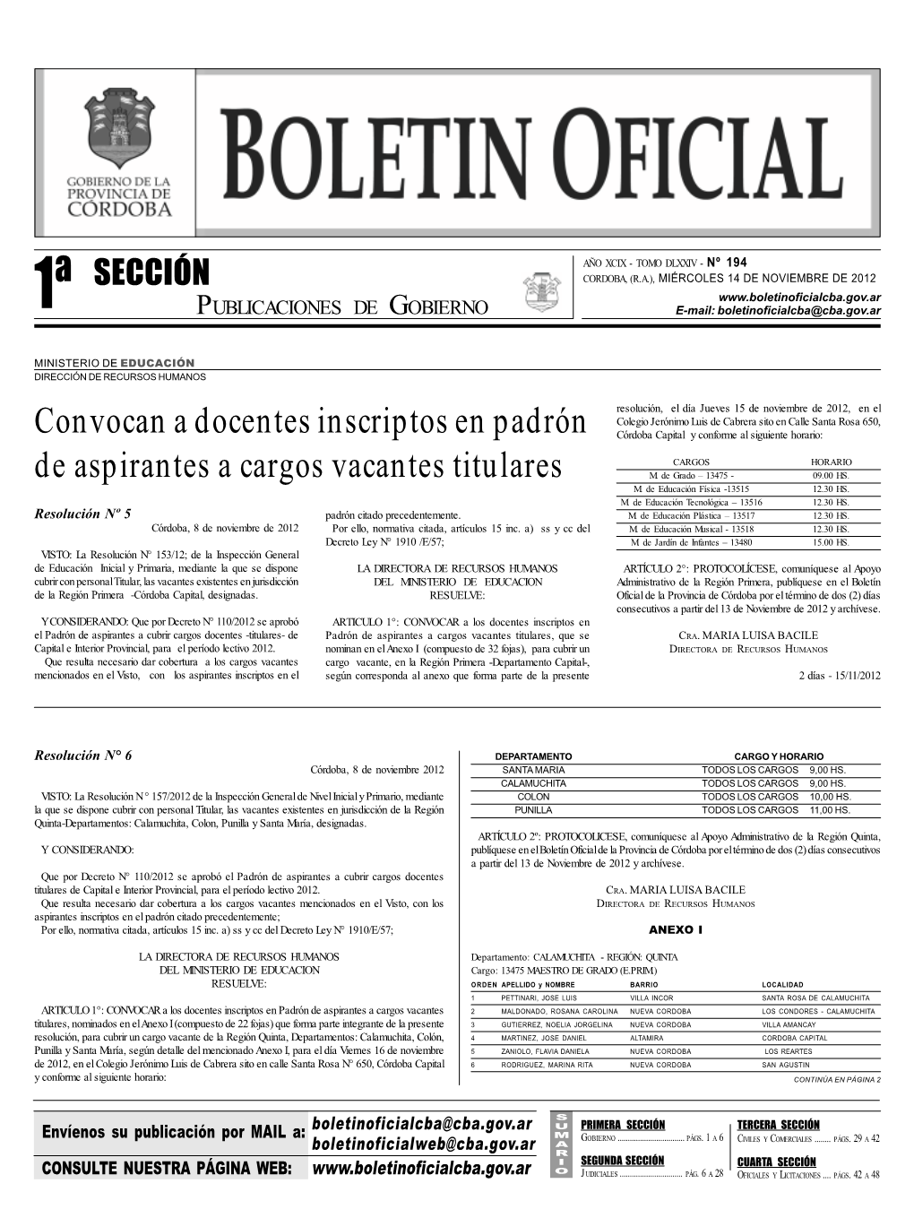 1ª PUBLICACIONES DE GOBIERNO E-Mail: Boletinoficialcba@Cba.Gov.Ar