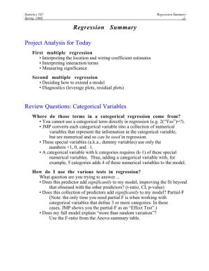 Regression Summary Project Analysis for Today Review Questions: Categorical Variables