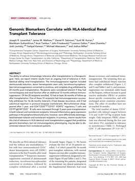 Genomic Biomarkers Correlate with HLA-Identical Renal Transplant Tolerance