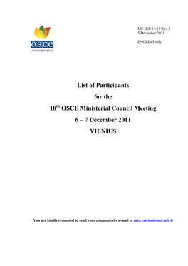 List of Participants for the 18 OSCE Ministerial Council Meeting 6 – 7