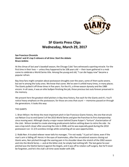 SF Giants Press Clips Wednesday, March 29, 2017