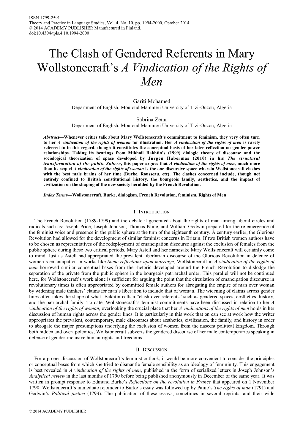 The Clash of Gendered Referents in Mary Wollstonecraft‟S a Vindication of the Rights of Men