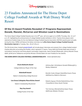 23 Finalists Announced for the Home Depot College Football Awards at Walt Disney World Resort