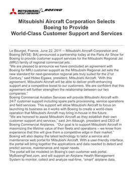 Mitsubishi Aircraft Corporation Selects Boeing to Provide World-Class Customer Support and Services