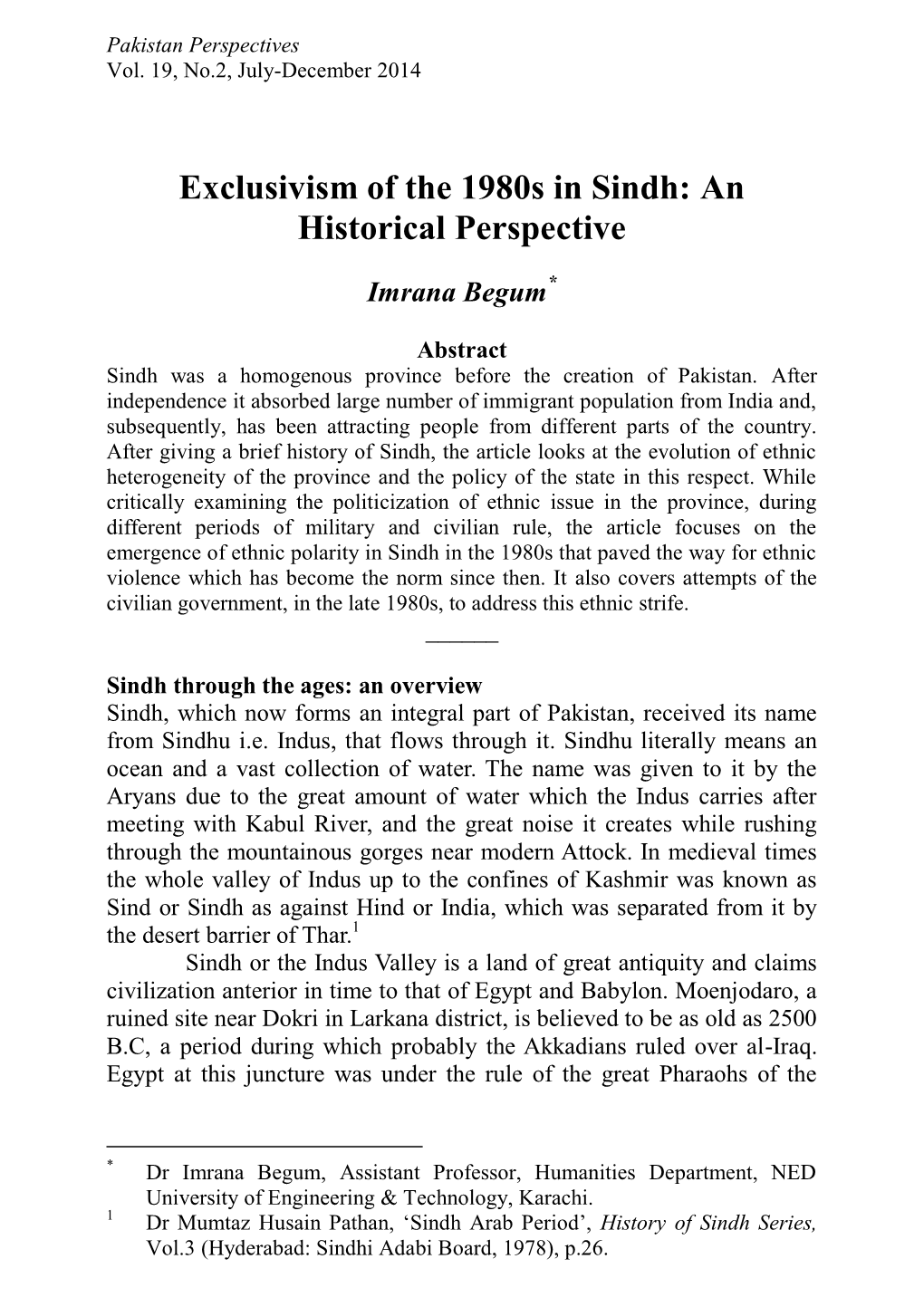 Exclusivism of the 1980S in Sindh: an Historical Perspective