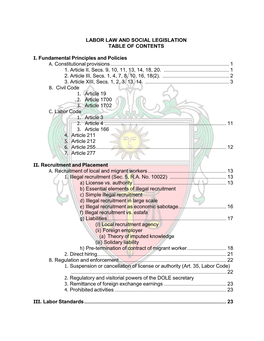Labor Law and Social Legislation Table of Contents