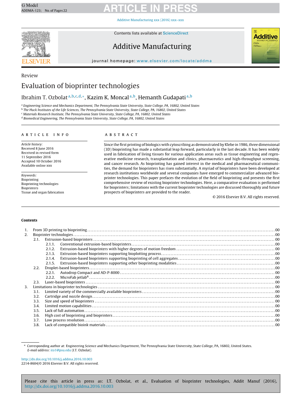 Evaluation of Bioprinter Technologies