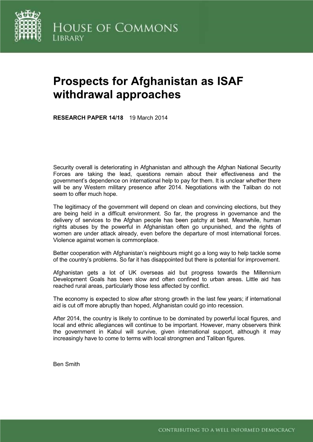 Prospects for Afghanistan As ISAF Withdrawal Approaches