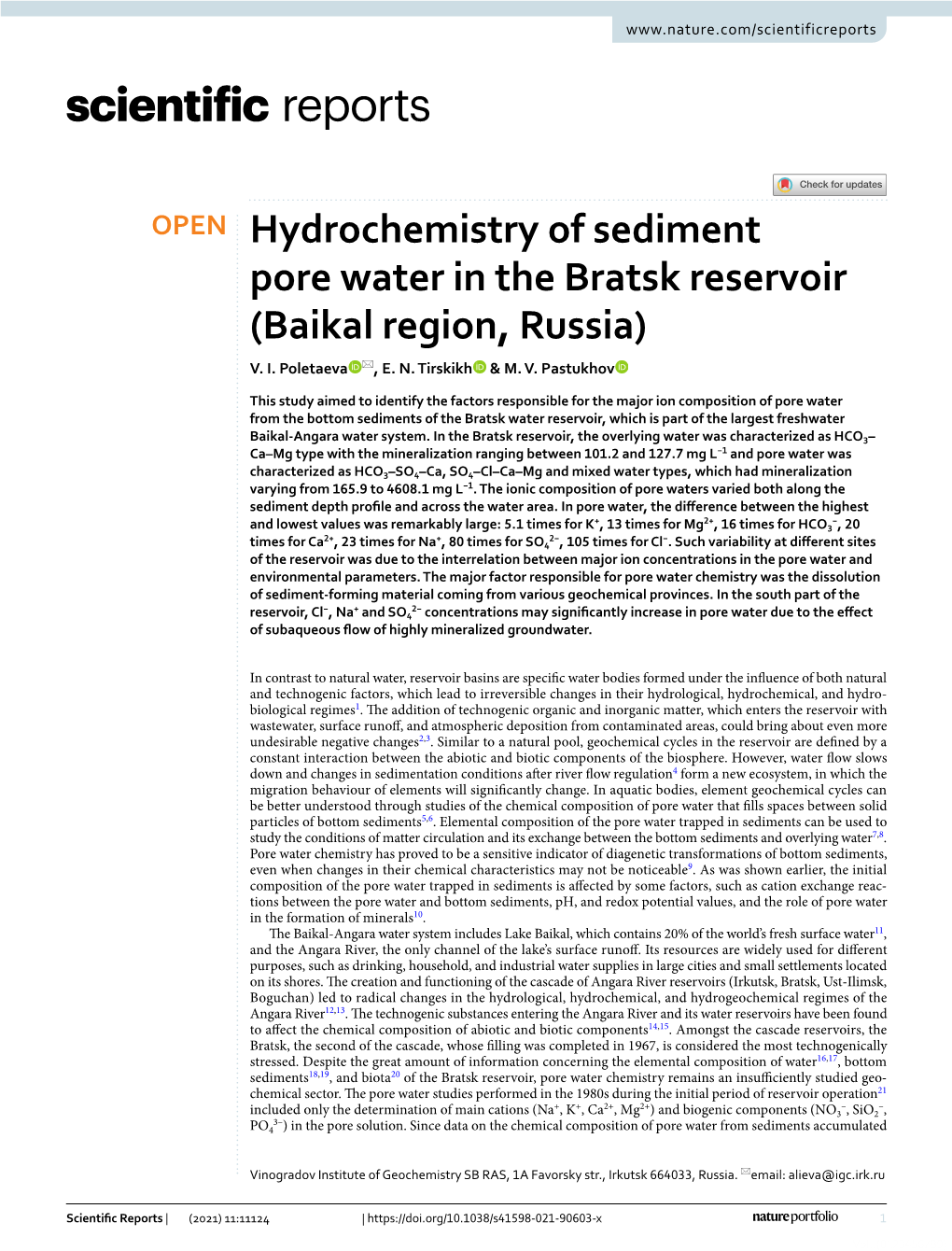 Hydrochemistry of Sediment Pore Water in the Bratsk Reservoir (Baikal Region, Russia) V