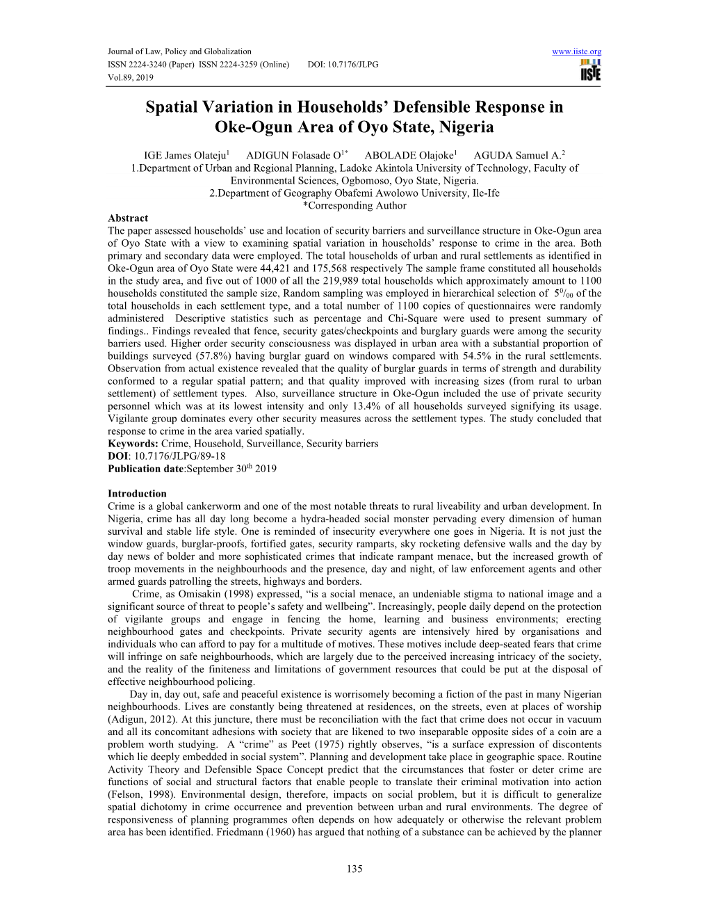 Spatial Variation in Households' Defensible Response in Oke-Ogun