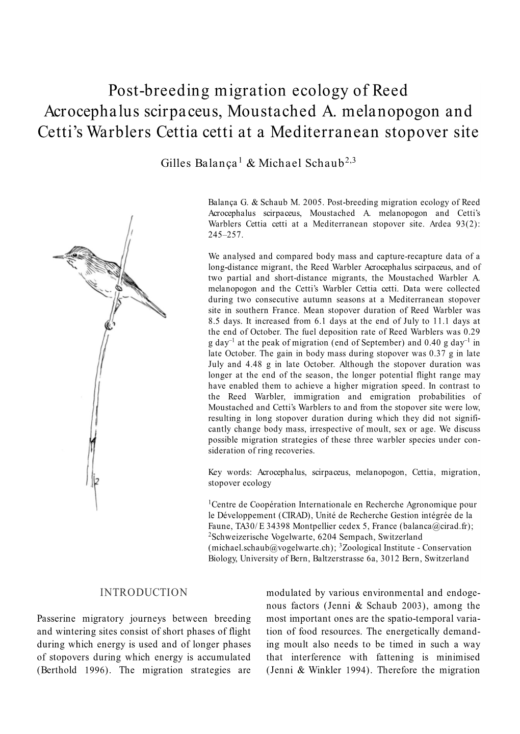 Post-Breeding Migration Ecology of Reed Acrocephalus Scirpaceus, Moustached A