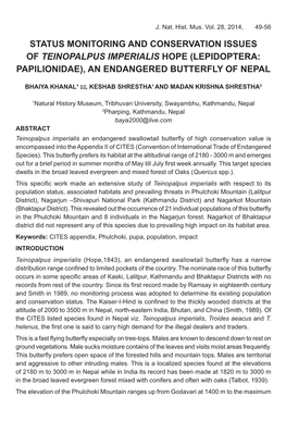 Status Monitoring and Conservation Issues of Teinopalpus Imperialis Hope (Lepidoptera: Papilionidae), an Endangered Butterfly of Nepal