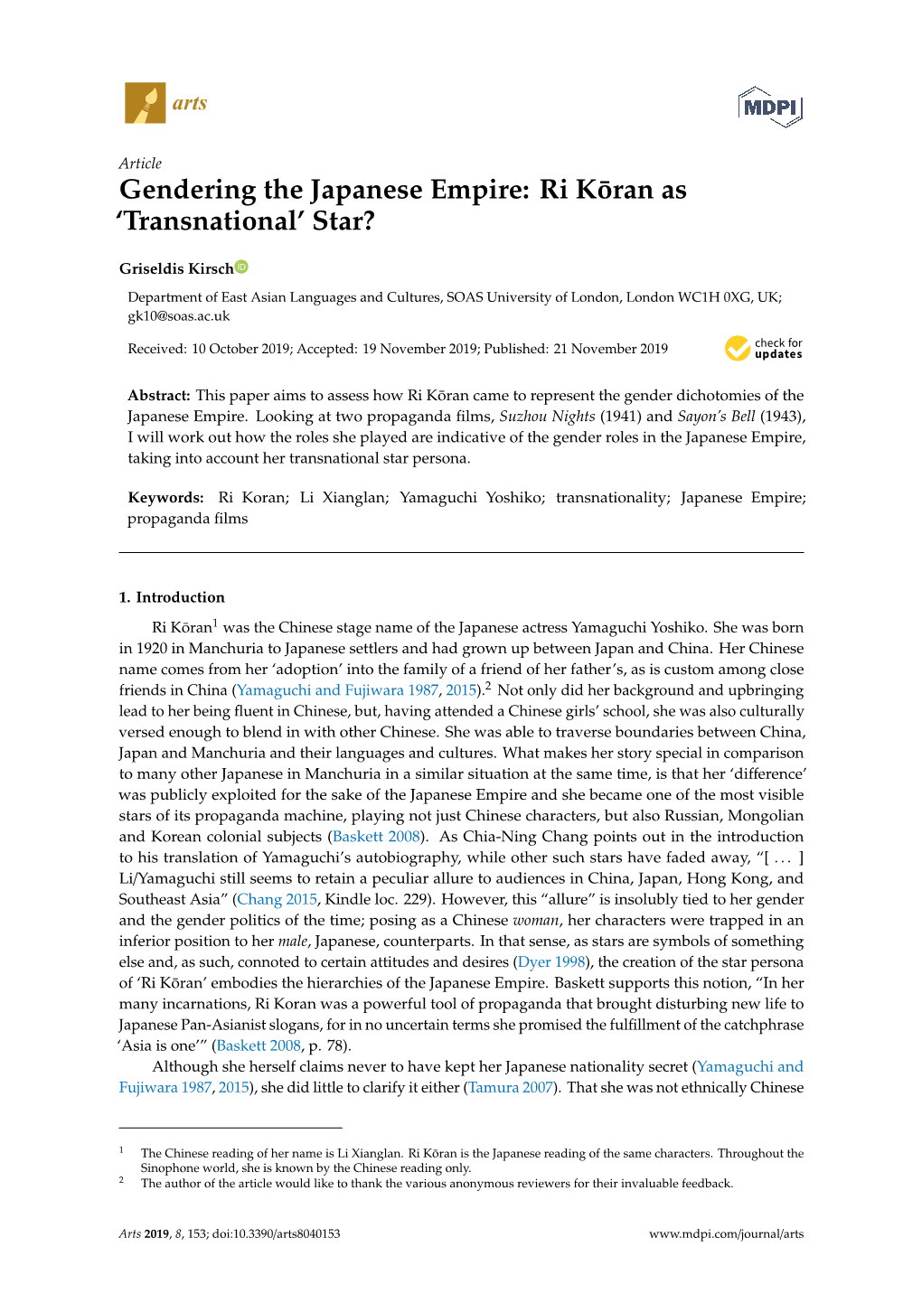 Gendering the Japanese Empire: Ri Koran¯ As ‘Transnational’ Star?