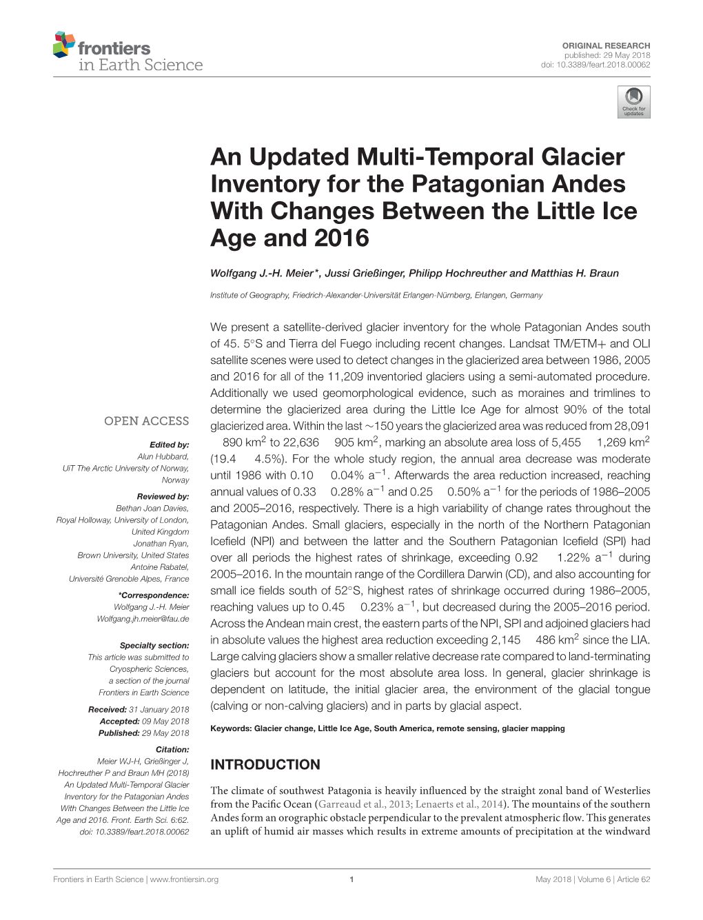 An Updated Multi-Temporal Glacier Inventory for the Patagonian Andes with Changes Between the Little Ice Age and 2016