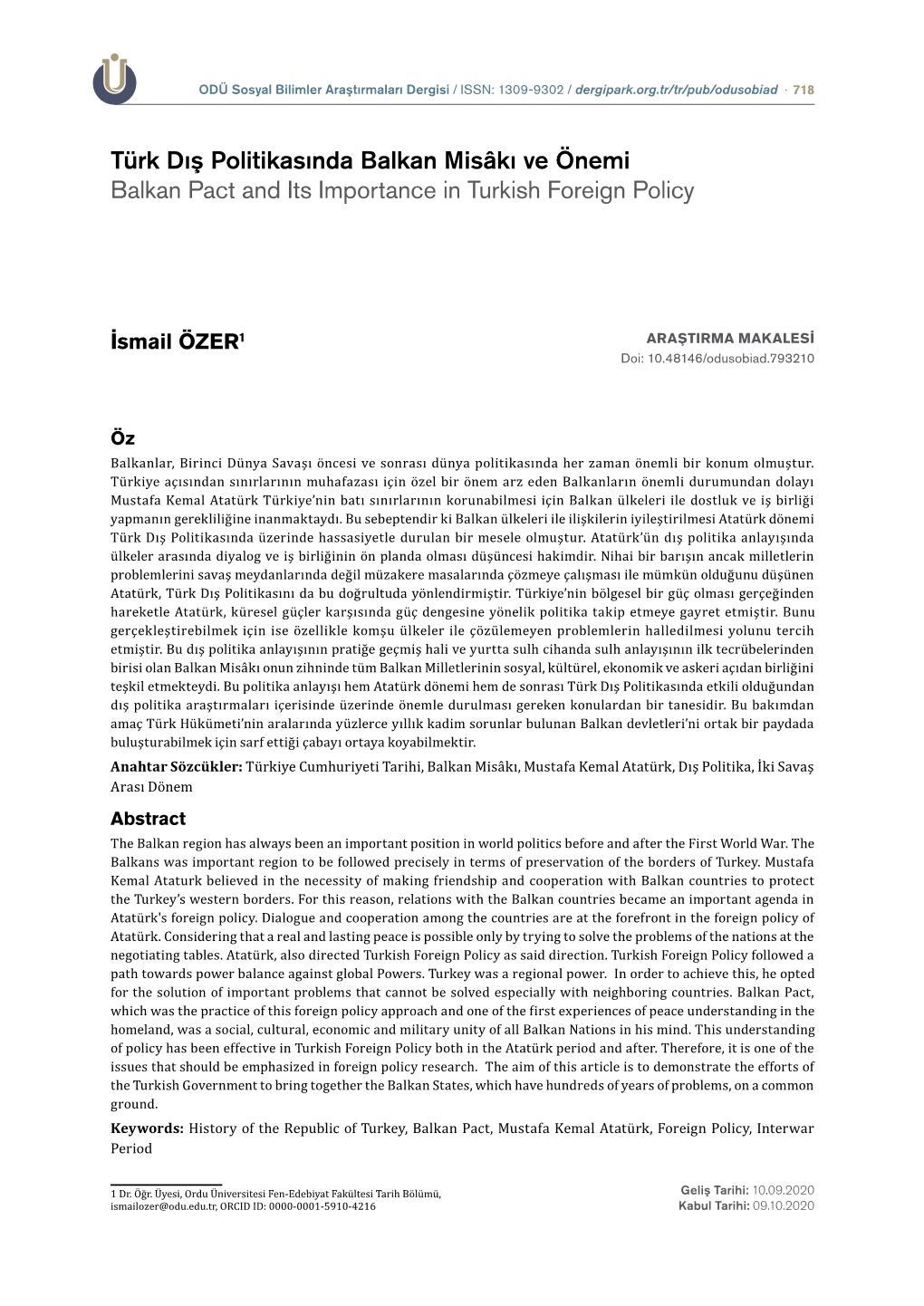 Türk Dış Politikasında Balkan Misâkı Ve Önemi Balkan Pact and Its Importance in Turkish Foreign Policy