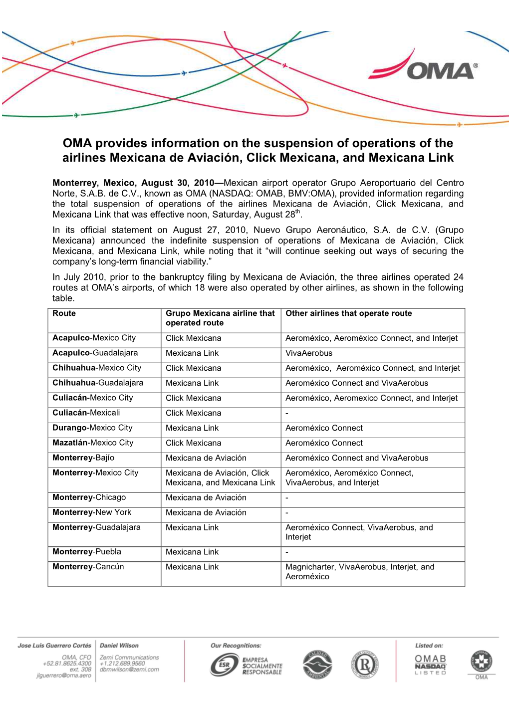 OMA Provides Information on the Suspension of Operations of the Airlines Mexicana De Aviación, Click Mexicana, and Mexicana Link