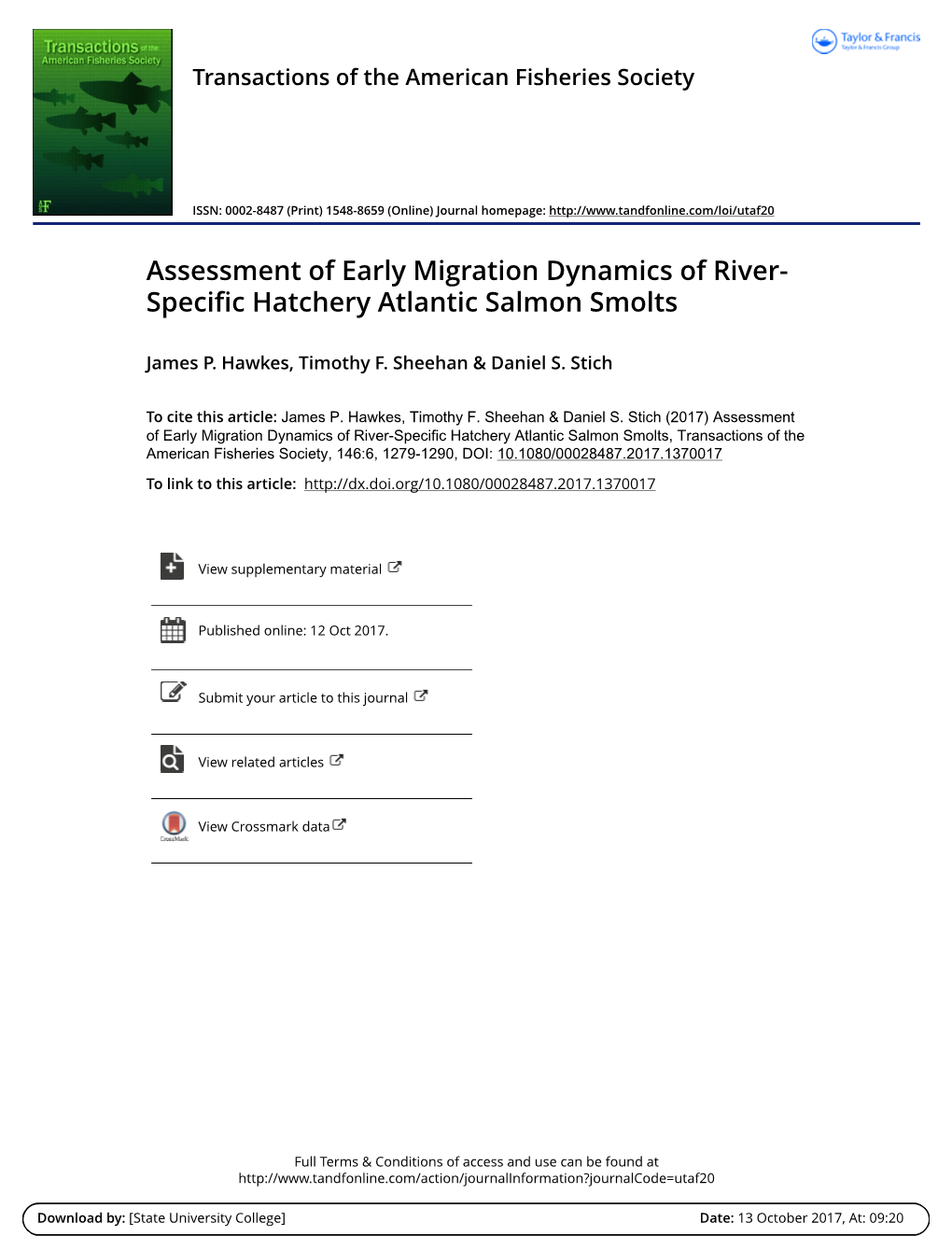 Assessment of Early Migration Dynamics of River- Specific Hatchery Atlantic Salmon Smolts