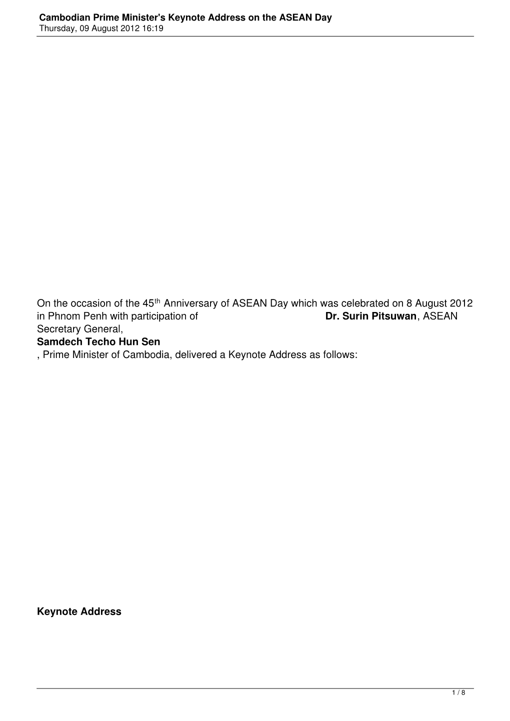 Cambodian Prime Minister's Keynote Address on the ASEAN Day Thursday, 09 August 2012 16:19