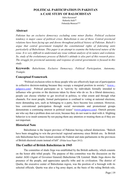 POLITICAL PARTICIPATION in PAKISTAN a CASE STUDY of BALOCHISTAN Sidra Karamat* Raheela Asfa** Fehmida Memon***