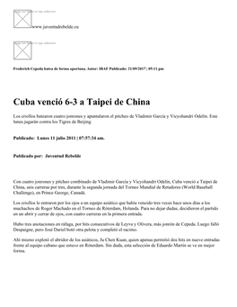Cuba Venció 6-3 a Taipei De China
