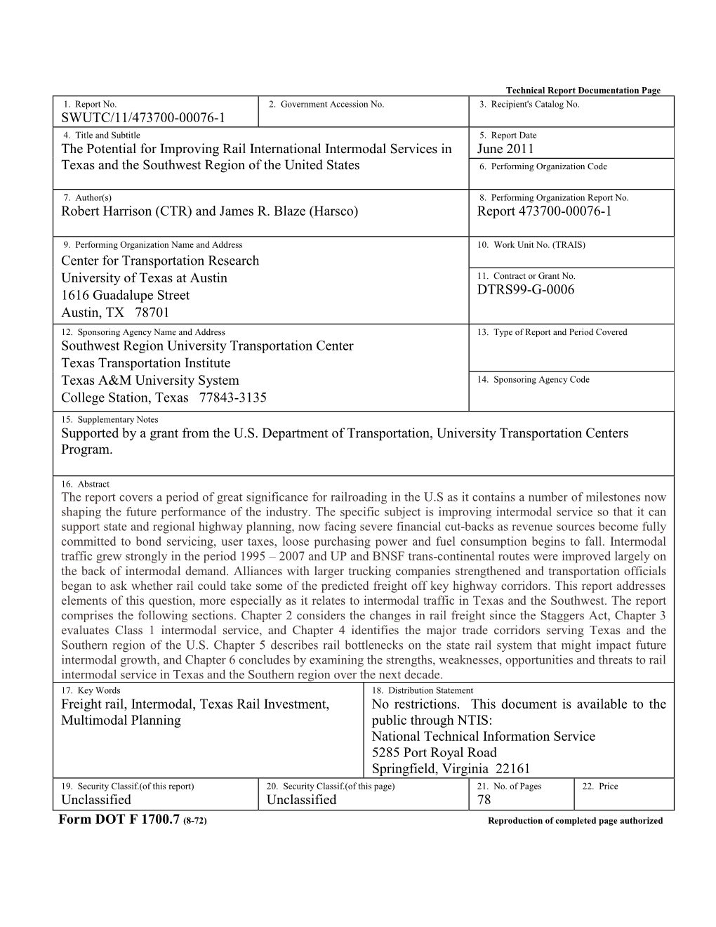 SWUTC/11/473700-00076-1 the Potential for Improving Rail