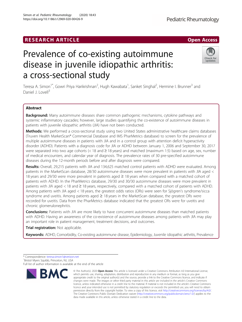 Prevalence of Co-Existing Autoimmune Disease in Juvenile Idiopathic Arthritis: a Cross-Sectional Study Teresa A