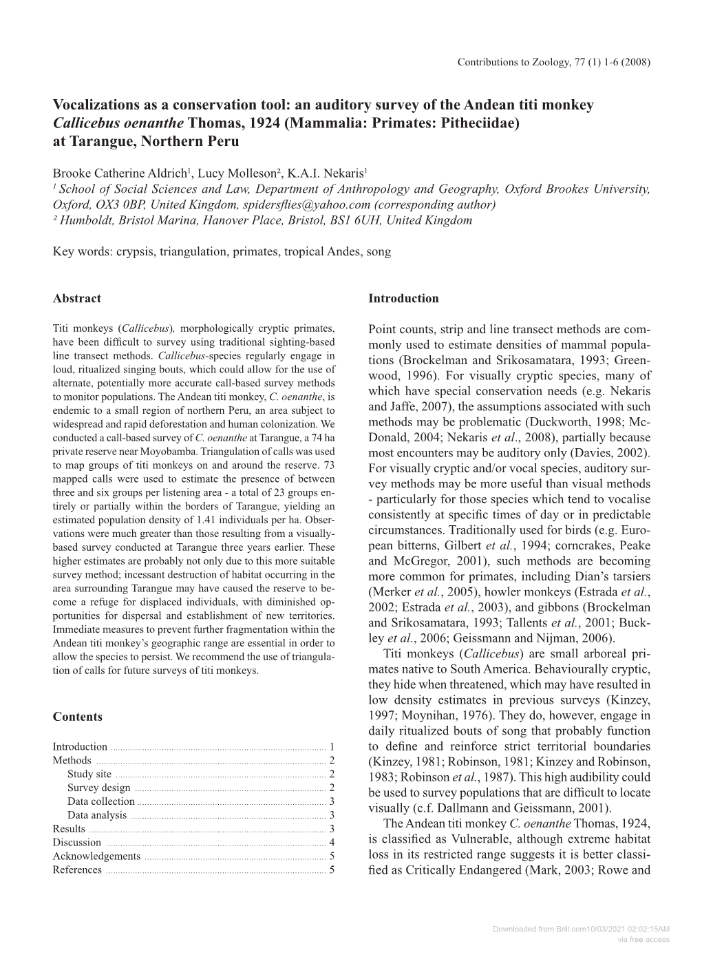 An Auditory Survey of the Andean Titi Monkey Callicebus Oenanthe Thomas, 1924 (Mammalia: Primates: Pitheciidae) at Tarangue, Northern Peru